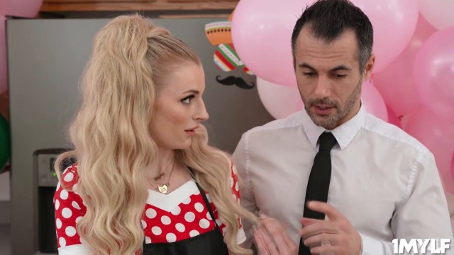 Brock leans Hyley on the kitchen counter banging her while cooking