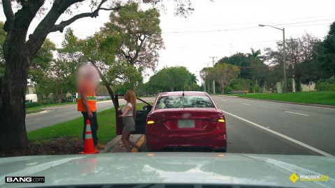 Busty girl stuck on the side of the road