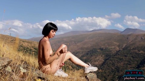 Spanish small tits model Sophia Sohnel gets naked outdoor in the mountains