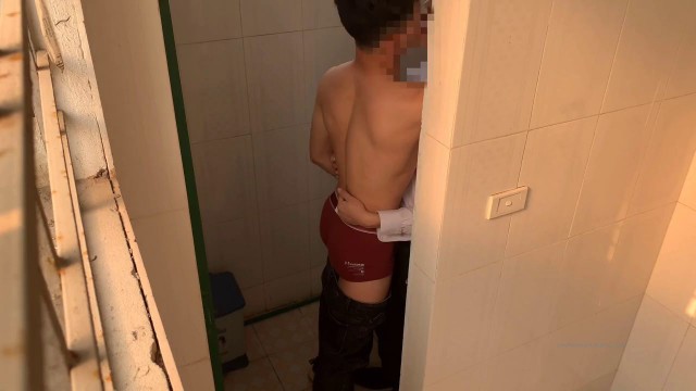 Asian Jock Fucks Friend in Public Bathroom