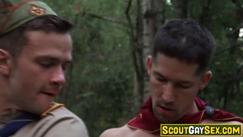 Cum pouring out of scout boy's ass and spattering onto the forest floor!
