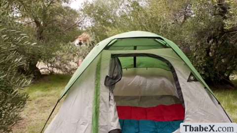 Busty TS camper gets analed by friend inside tent