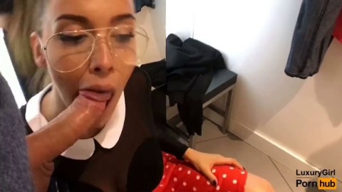 public blowjob in a clothing store. a young baby with glasses swallows cum. luxurygirl porn free porn