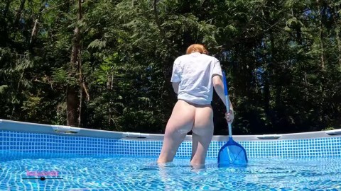 flaunts her shaved a a flashes in public pool while cleaning up the pool LoyalFans