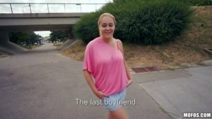 Nice girl on the street showed a great huge chest went to the park where to have sex for money