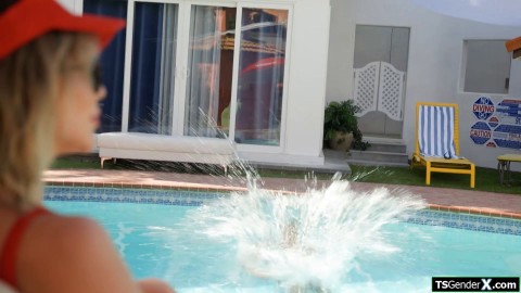 Tranny lifeguard Emma Rose rescues and facefucks hotel guest