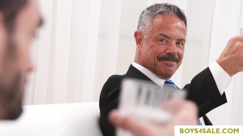 Watch this rich DILFs fucking three Twink waiters