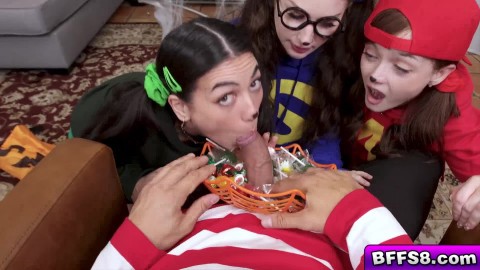 Jade Valentine Bella Blu and Megan Mistakes shares cock for Halloween