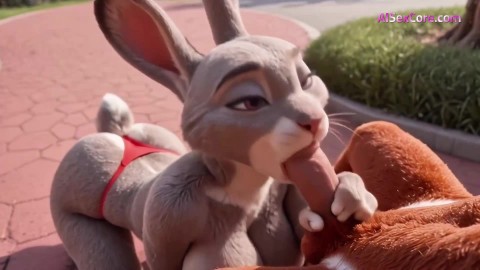 Nick Wilde bends busty bunny Judy over his desk outdoors & cums all over her cute face