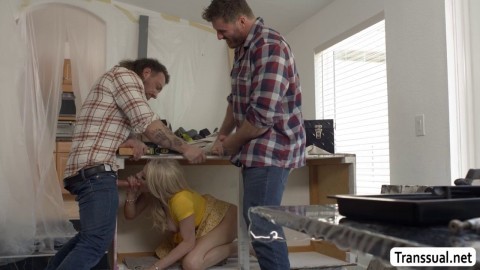 Two house carpenter fuck the ass of horny TS