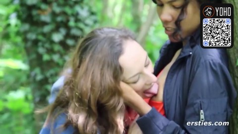 Two German brunettes love coochie tonguing in park