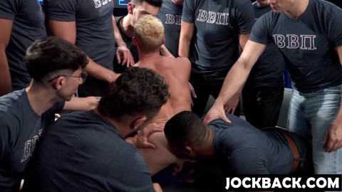 Muscular Frat Bros Pin Down and Breed Blond Jock in Intense Gangbang