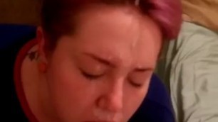 Pink haired college lady gets a big cum on the face cumshot